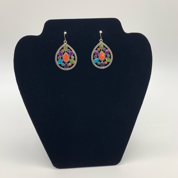 Silver Tone Colorful Enamel Rhinestones Teardrop Vtg. Dangle Drop Earrings - Picture 1 of 5